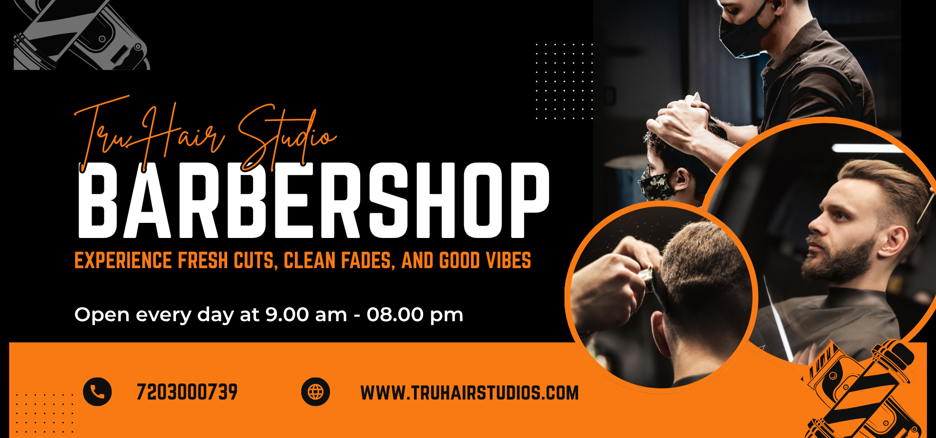 Promotional banner for Tru Hair Studio barbershop in Brighton, CO, featuring men’s haircuts, clean fades, beard trims, and hot towel shaves.