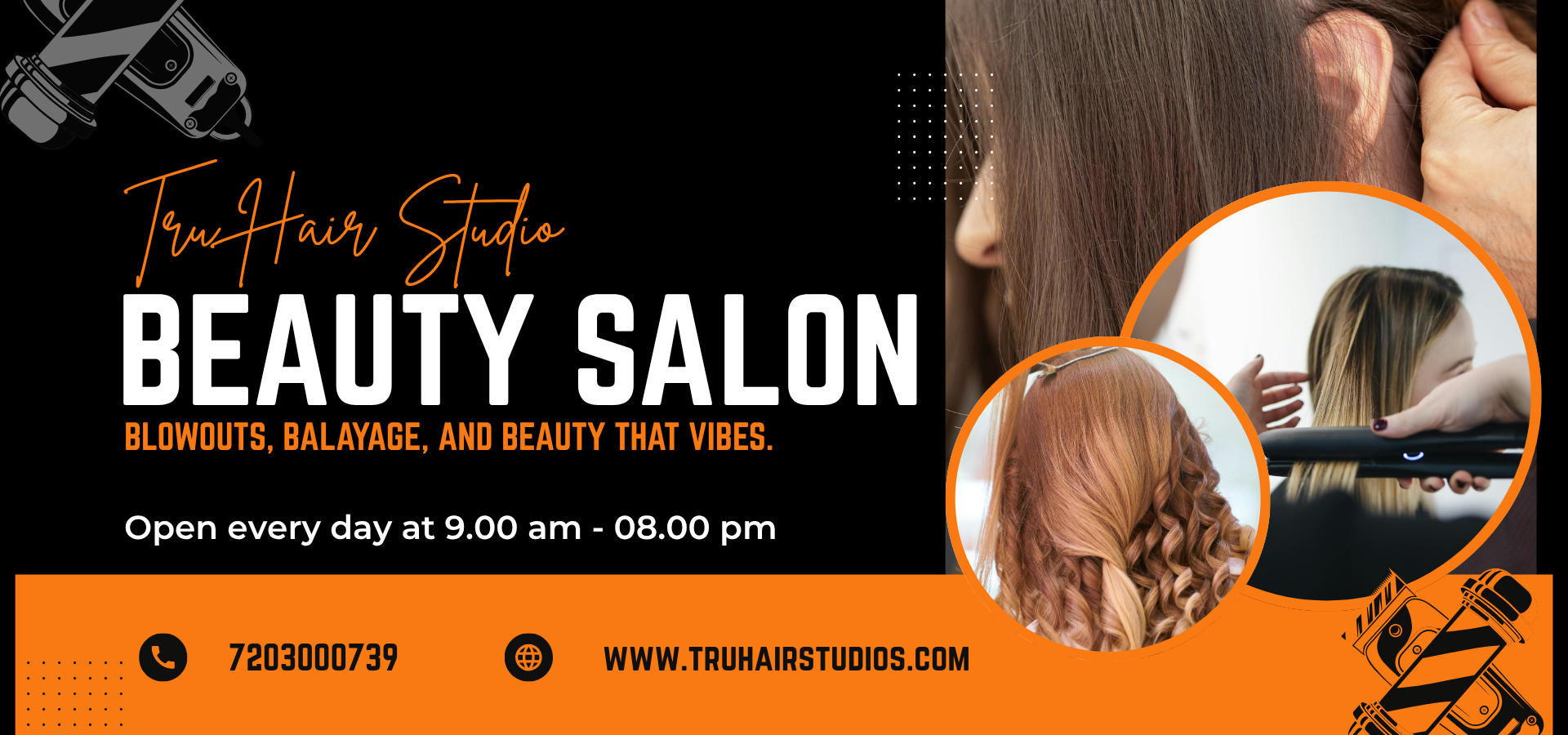 Beauty salon banner for Tru Hair Studio in Brighton, Colorado, showcasing blowouts, balayage, women’s haircuts, and professional hairstyling.