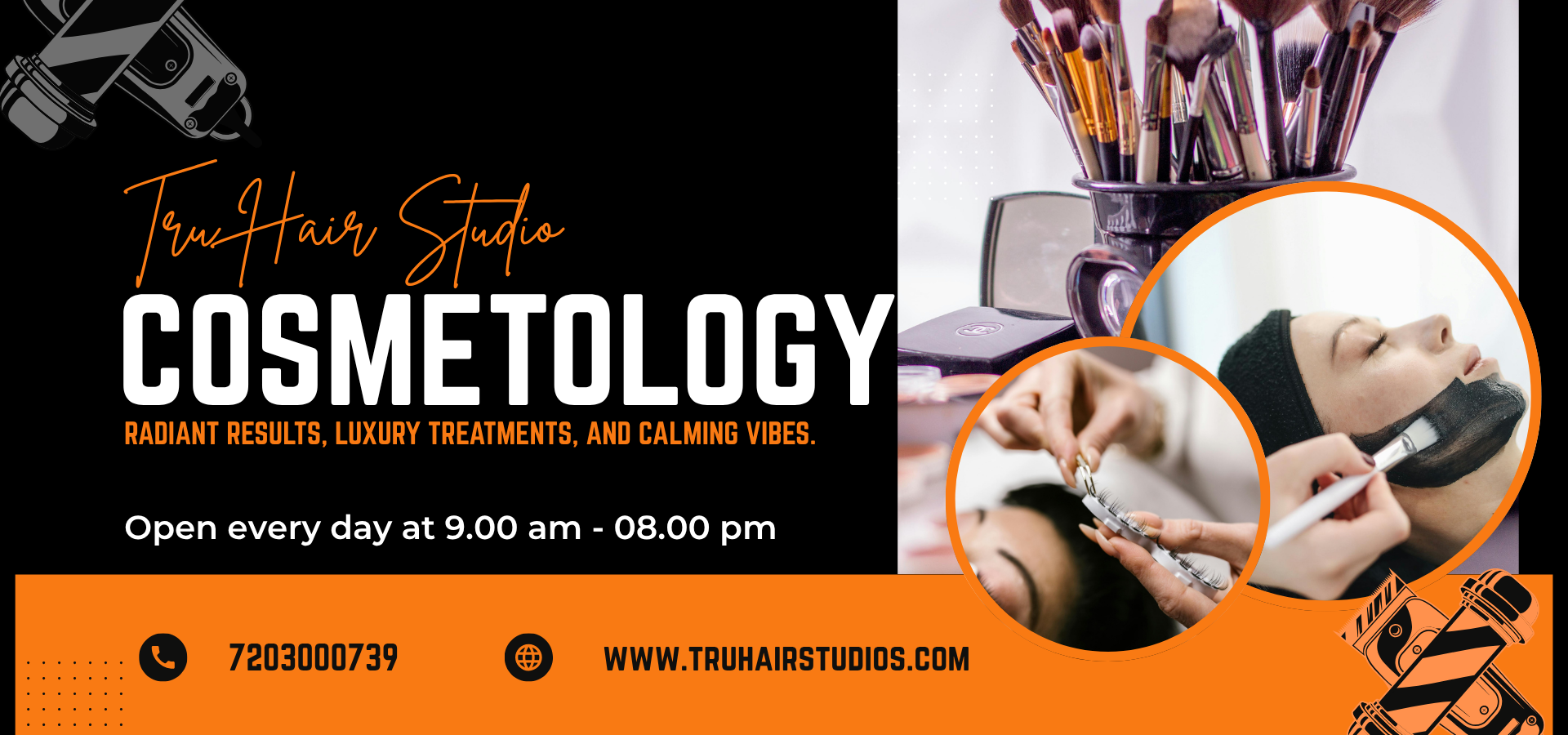Cosmetology banner for Tru Hair Studio in Brighton, CO highlighting luxury beauty treatments, makeup, and professional skincare services.