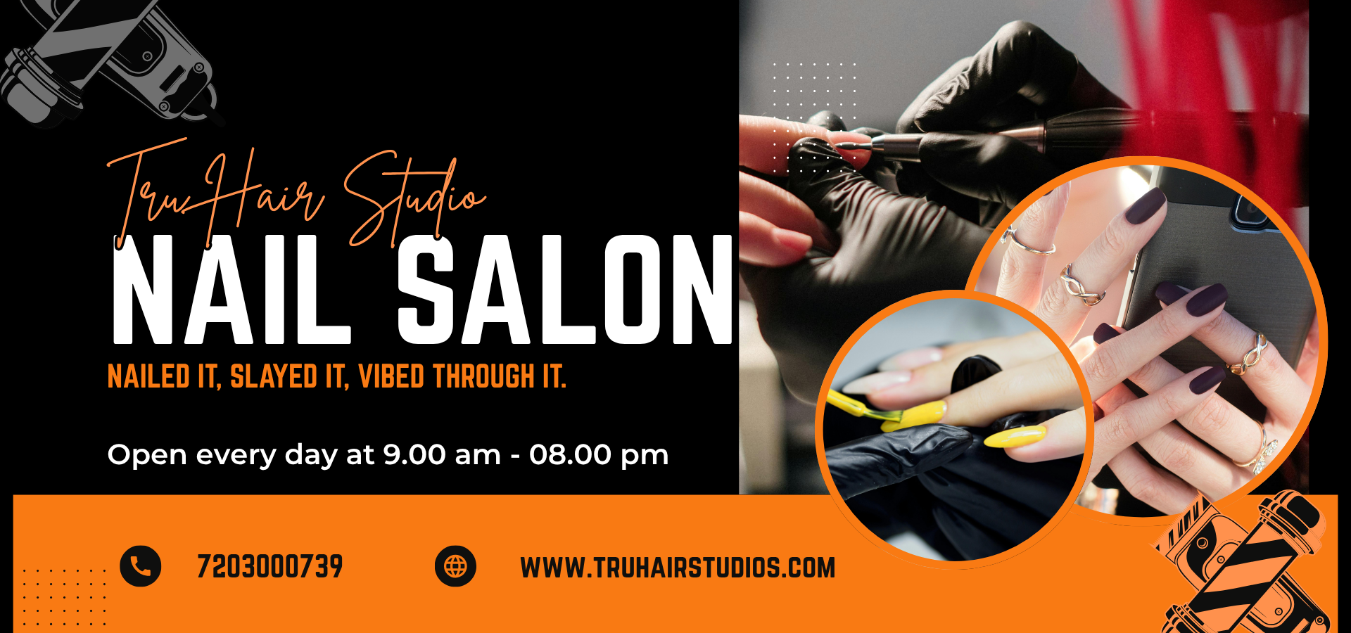 Nail salon banner for Tru Hair Studio in Brighton, CO, promoting manicures, pedicures, nail art, and gel polish finishes.